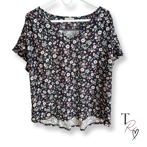 LOFT Floral V-Neck Blouse Black Short Sleeve Top Size XL - Picture 2 of 11